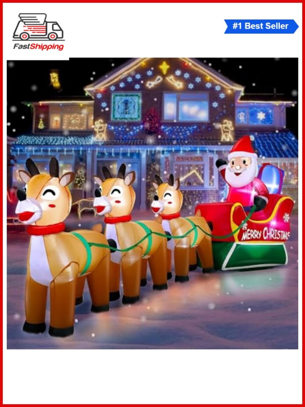 🎅 12FT Christmas Inflatable Santa Sleigh 3 Reindeer LED Lighted Outdoor Yard